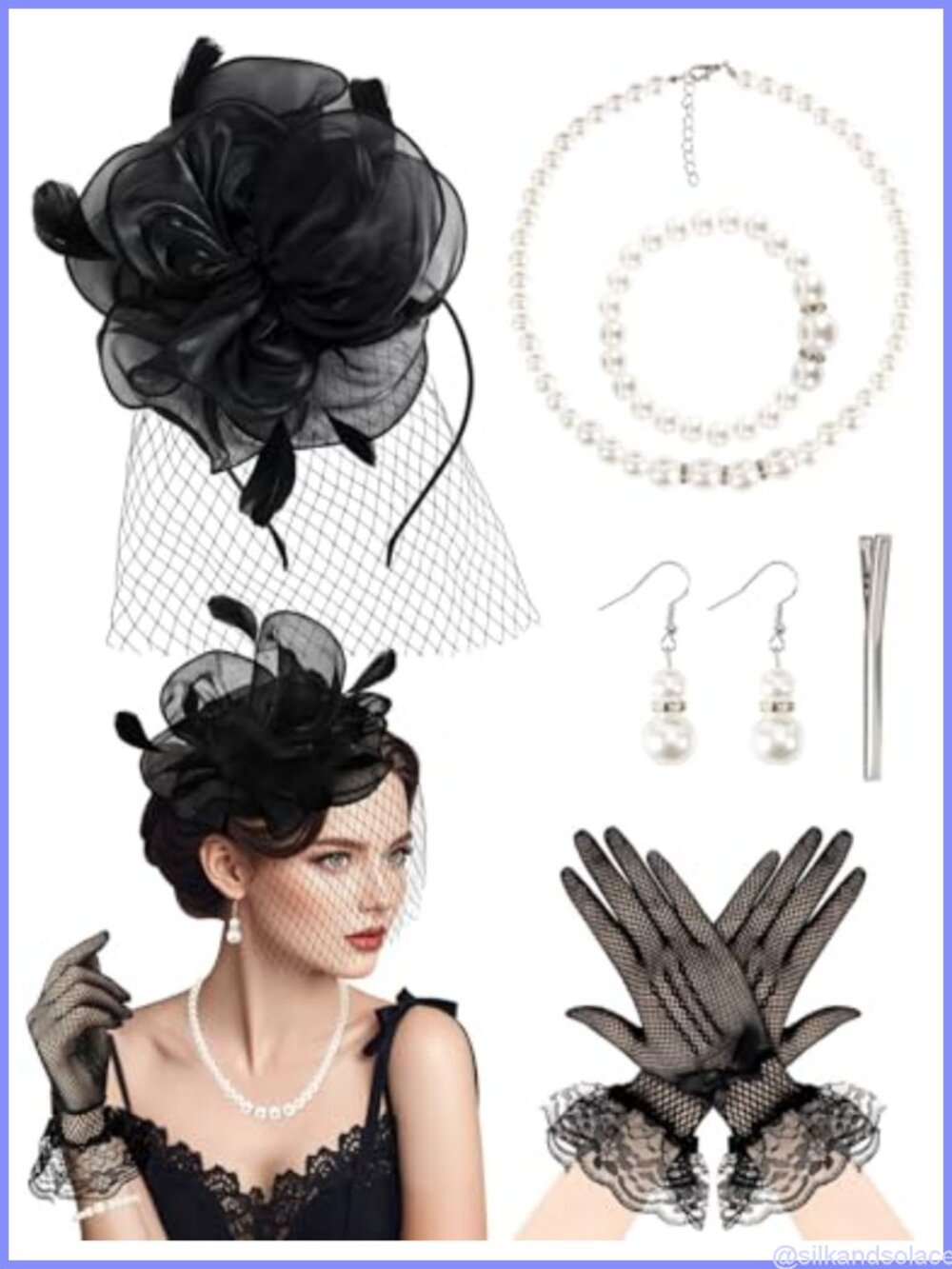 5Pc Fascinator Hat Lace Gloves Set Women Tea Party Wedding Accessories